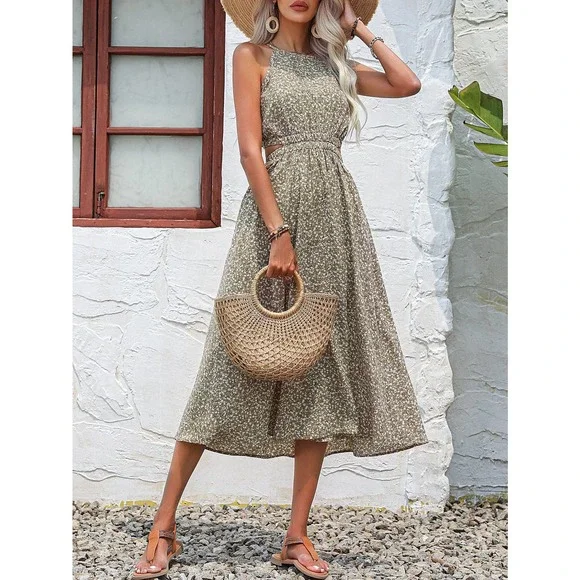 boho Floral Print Cut Out Waist Halter midi Dress - Picture 7 of 9